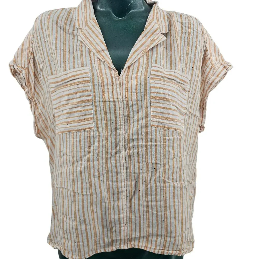 Wonderly Striped Orange White Collared Button Boho Top Cotton Women's XL 3581